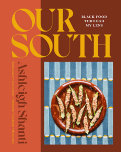 Cover of Our South showing a plate with stuffed okra on a blue geometric-patterned placemat