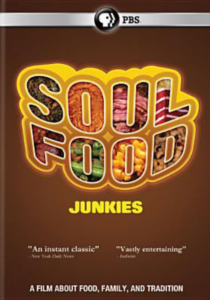 DVD cover of Soul Food showing each letter of the title containing a different kind of soul food including black-eyed peas, ham, and sweet potatoes. Brown background. PBS banner across top.