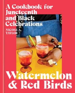 Front cover of Watermelon & Red Birds showing a person in a denim apron holding one of two glasses with an iced red drink