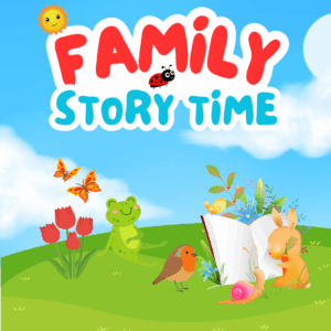 Woodland animals reading a story book on the grass under the heading Family Story Time