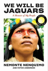 Front cover of We Will Be Jaguars, a photos of the author, an indigenous woman, looking skyward.