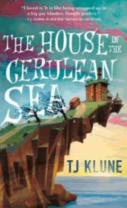 Front cover of The House in the Cerulean Sea: a colorful illustration of a brick manor house perched on the edge of a cliff