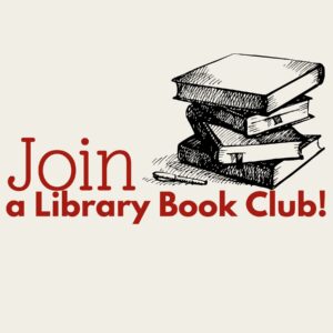 Graphic for Join a Library Book Club showing a line drawing of a stack of 4 books