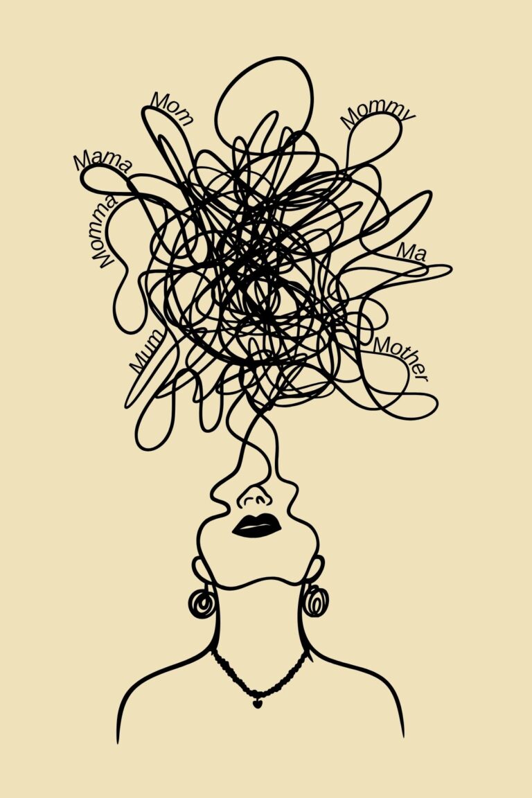 Line drawing of a tangle of squiggles above a woman's head...and the many words for "mom" within the tangles