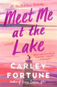 Front cover of Meet Me at the Lake: an illustration of two people atop a lighthouse, looking out at the sunset