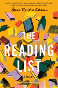Front cover of The Reading List, an illustrations of colorful books falling against a yellow background
