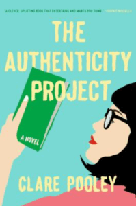 Front cover of The Authenticity Project: an illustration of a woman with short black hair and wearing dark reading classes holding up a book to read