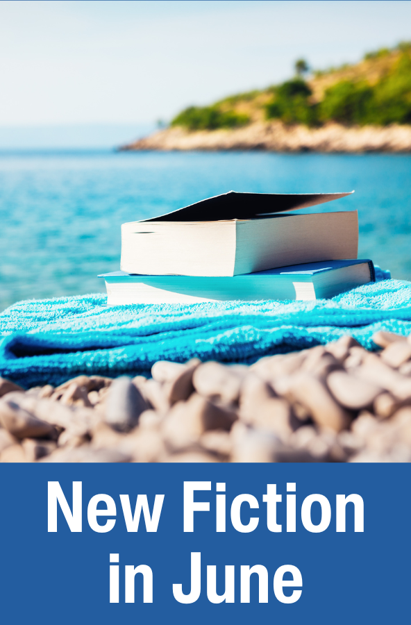 new fiction in june with image of books on a blue towel on a rocky beach