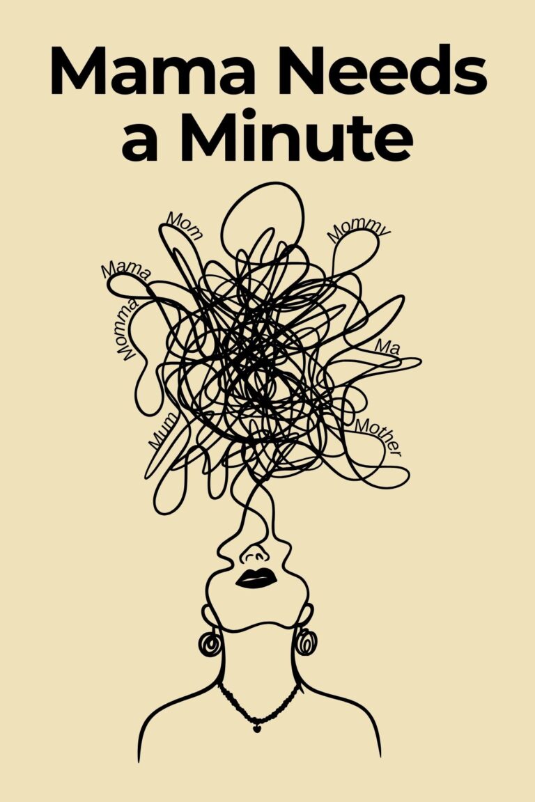 Line drawing of a tangle of squiggles above a woman's head...and the many words for "mom" within the tangles