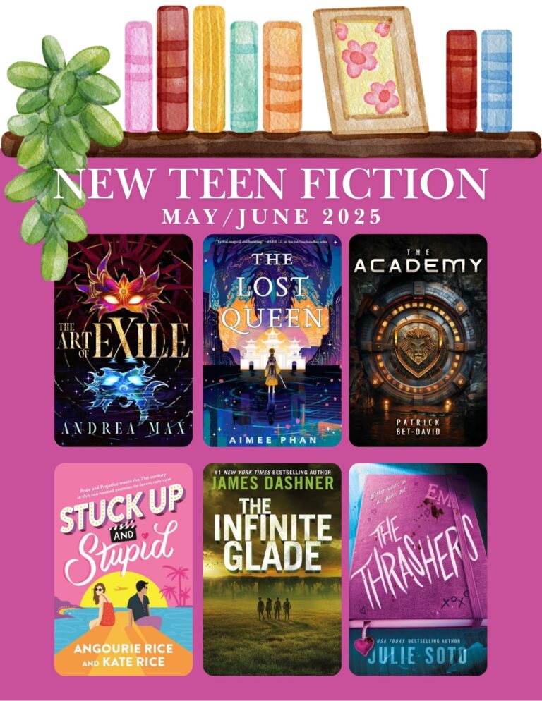 plant and bookshelf displaying several new teen book covers