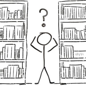 line drawing of a stick figure standing between two full shelves of books, a question mark over their head and arms raised in frustration