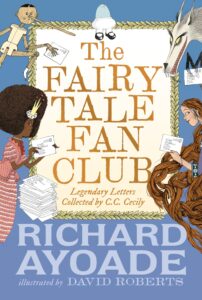 Image of fairy tale characters surrounding a framed title while reading or holding fan letters.