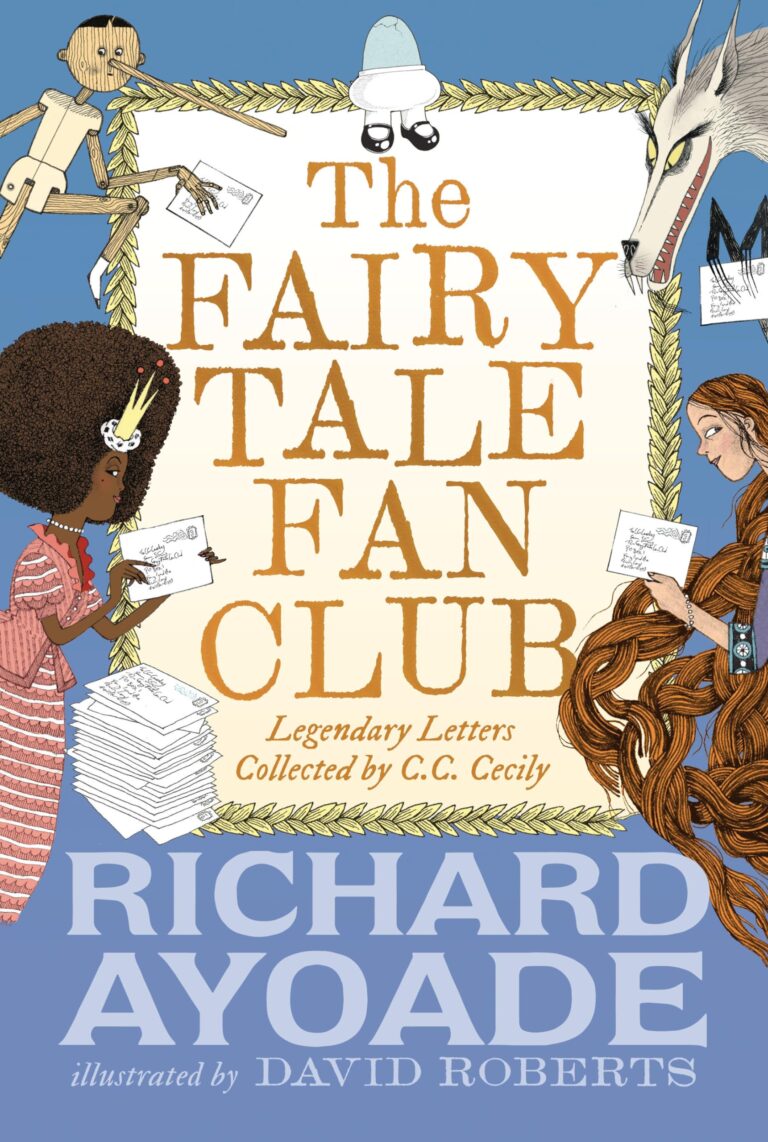 Image of fairy tale characters surrounding a framed title while reading or holding fan letters.