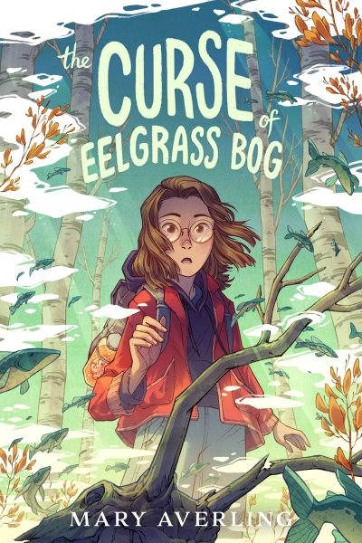 Tween girl wit shoulder length brown hair and glasses wearing a backpack and a surprised expression on her face while in the woods