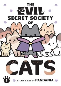 Image of a group of cartoon cats behind a gray and white cat wearing a purple cloak.