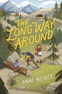 3 kids with hiking gear on holding a map and looking lost in the mountains