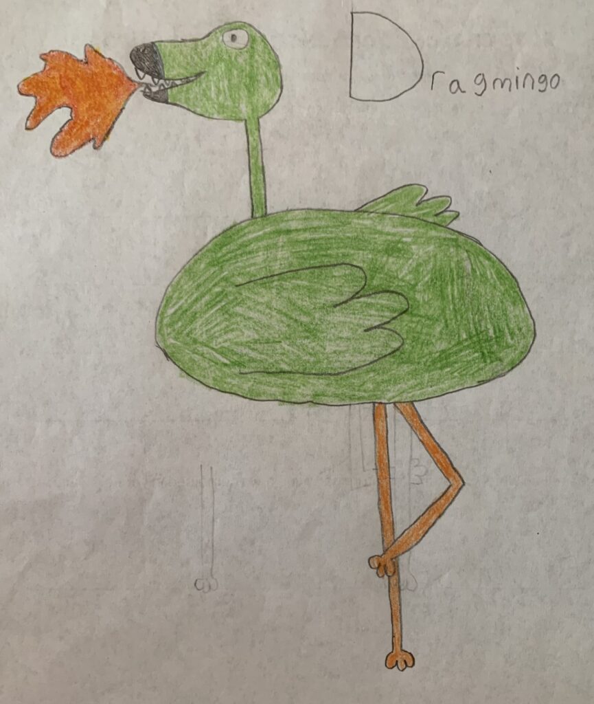 Crayon drawing of a flamingo, but instead of pink, its body is green. Its toothy mouth is open, breathing fire.