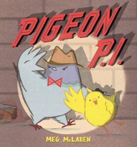Image of a pigeon wearing a detective hat and bow tie beside a yellow canary bird wearing a black beret.