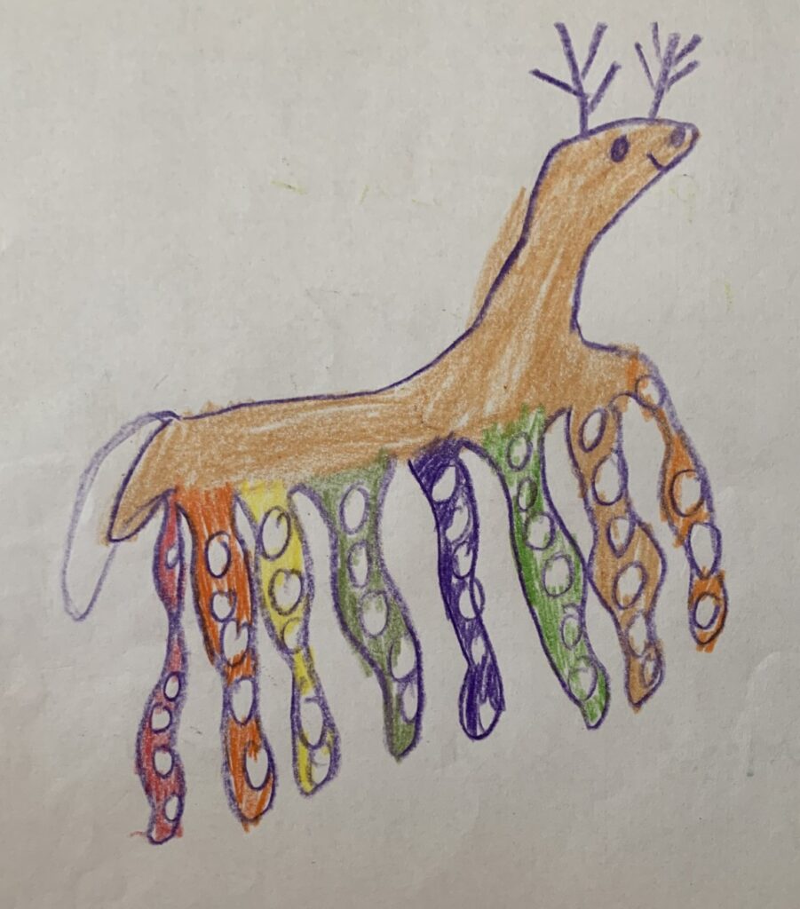 Crayon drawing of a brown deer with purple antlers. Instead of deer legs, it has eight colorful octopus tentacles with white suckers on each one.