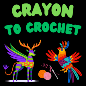 Colorful mythical creatures and balls of yarn under Crayon to Crochet heading