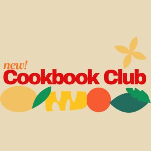 graphic for the new Cookbook Club showing abstract paper cutouts of fruits and vegetables