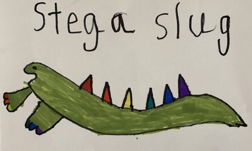 Marker drawing of a green slug with six rainbow colored spines. It has two front legs which have rainbow colored toes.