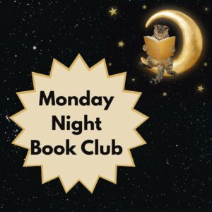 Graphic for the Monday Night Book Club showing a cat sitting on a crescent moon, holding a book, with a starry background