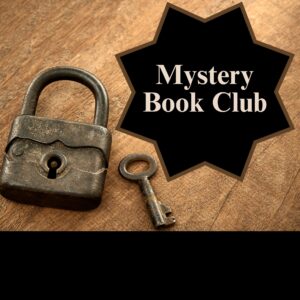 Graphic for the Mystery Book Club showing an old padlock and key on a wooden table