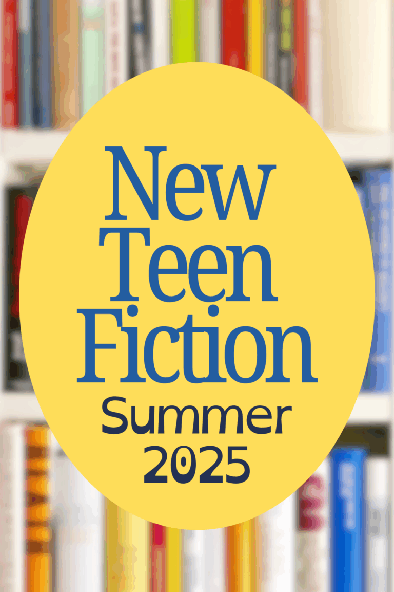 Yellow circle with "New Teen Fiction Summer 2025" over a blurred bookshelf, representing a seasonal teen book category cover.