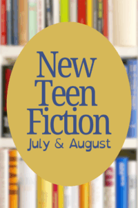 New teen books graphic showing bookshelves in the background