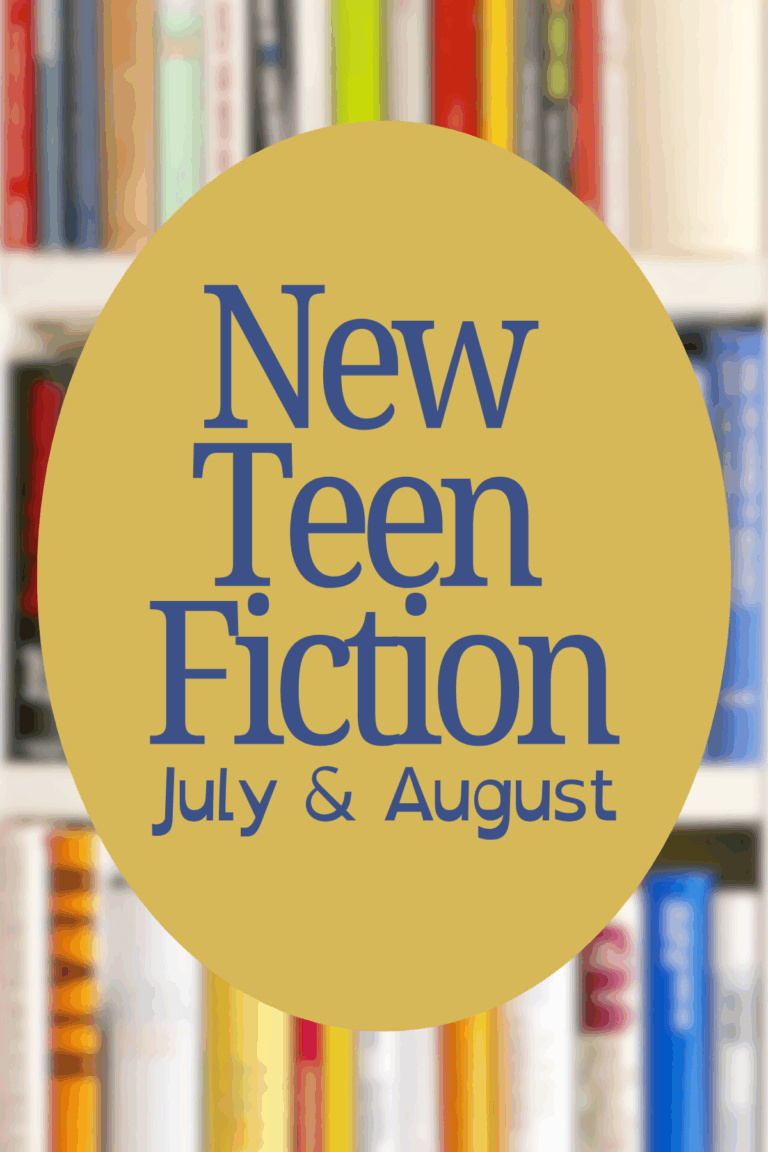 New teen books graphic showing bookshelves in the background