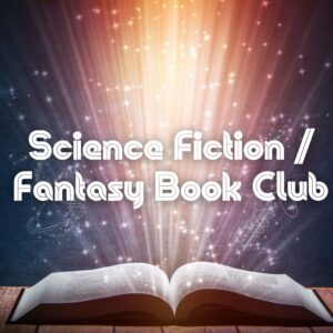 Graphic for Science Fiction / Fantasy Book Club showing an open book with rays of light and stars emanating from the pages