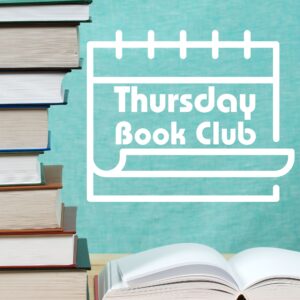 Graphic for the Thursday Book Club showing a stack of books next to an open book