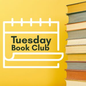 Graphic for the Tuesday Book Club showing a stack of books against a bright yellow background