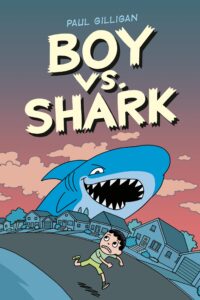 Image of a scared boy in a green outfit running from a blue shark with sharp teeth.