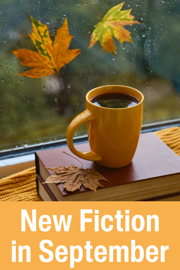 new fiction in september with a coffee cup on a book in front of a rainy fall window
