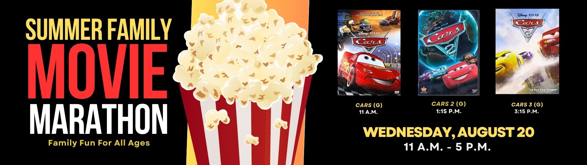 Cars movie marathon on August 20 from 11 a.m. to 5 p.m.