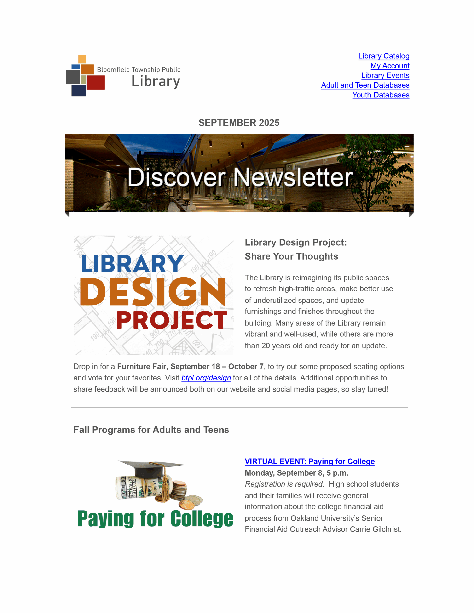 Bloomfield Township Public Library newsletter features updates on the library design project and a virtual college funding event on September 8.
