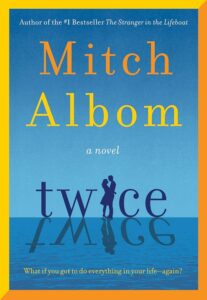 Book cover with a silhouette of a couple standing on water with a gradient blue and yellow background.