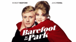 A smiling man and woman embrace against a vibrant, vintage-style background in the Barefoot in the Park movie poster.