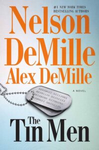 Book cover with military dog tags displayed on a blue background with bold orange and black text.