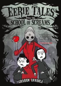A sinister teacher dressed in red holding an apple behind two terrified children on a gloomy book cover.