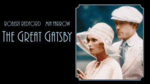 A woman and man in elegant 1920s clothing stand together, styled with period details and classic glamour against a decorative backdrop.