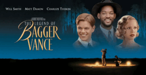 The faces of Matt Damon, Will Smith, and Charlize Theron appear above silhouettes of two golfers on a moonlit landscape against a dark background.