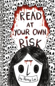 Black and white cover art featuring a girl with long hair surrounded by whimsical cartoon skulls, a label covering her mouth.