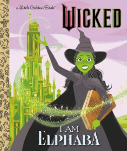 A cover of a green-skinned witch in a black hat and cloak, holding a book with a green castle in the background.