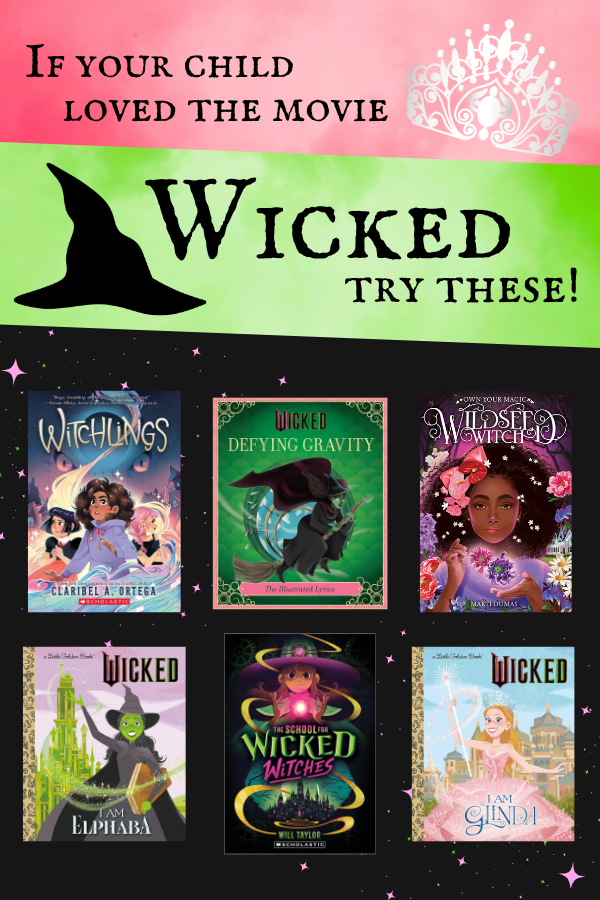 Graphic with six children’s book covers and a Wicked-themed witch hat and crown.