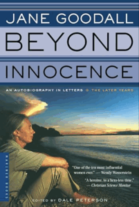 Book cover showing a side profile of Jane Goodall seated on a sandy shore and looking out at the sea