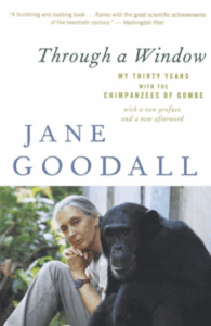 Book cover showing Goodall sitting next to a chimpanzee, with title and subtitle text displayed in large font above their heads.