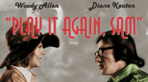Color photo of actors Diane Keaton and Woody Allen looking at each other; a black and white image of Humphrey Bogart from Casablanca is in the background